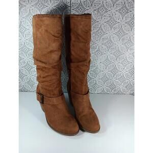 Cognac Colored Slouchy Knee Length Heeled Suede Boots. 3" Block Heel Size 8